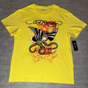 Ed Hardy Yellow Short Sleeve Tee with Bold Graphic Eagle & Snake